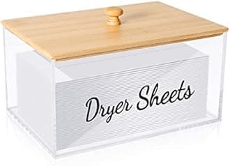 JYPS Clear Acrylic Dryer Sheet Holder with Bamboo Lid & Labels, Fabric Softener Dispenser for Laundry Room Organization Decor, Bathroom Storage Container Box, for Scent Booster,Powder,Pods