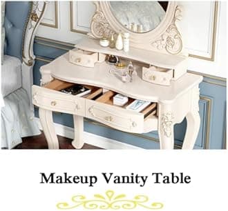 Victorian White Vanity Desk 80cm, Baroque Makeup Table with Drawers and LED Oval Mirror, Upholstered Stool, Dressing Table for Princess Women Girls