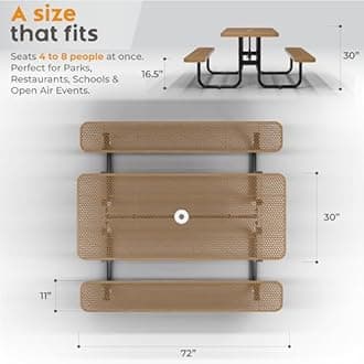Commercial Heavy-Duty Metal Picnic Table - ADA Compliant, Adjustable Seats, Umbrella Hole, Expanded Metal (Brown, 6' Rectangular)