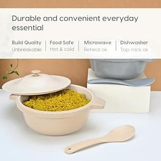 Eha Earth Friendly Serving Bowls with Lid | Microwave Safe | Made with Rice Husk and Bamboo Fibers | 2500 ml Each | Set of 2 | Sand-Azure