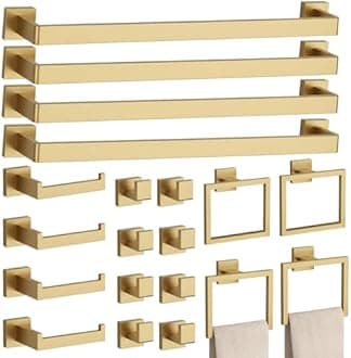 20-Piece Brushed Gold Bathroom Accessories Set – 23.6" Towel Bar, Towel Ring, Toilet Paper Holder & Hooks, Wall Mounted Bathroom Hardware, Rust & Corrosion-Resistant, Ideal for Modern Bathrooms