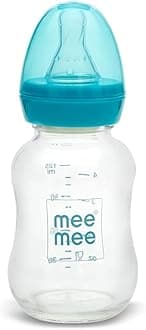 Mee Mee Glass Feeding Bottle 120ml| Baby Milk Bottle with Eazy Flo Technology, Anti-Colic Valve, Anti-Slip Ergonomic Shape & Slim Neck | BPA-Free, Borosilicate Glass Feeding Bottle Upto 3 Years (Blue)