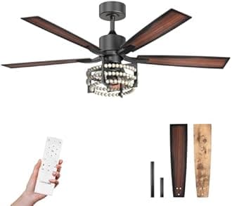 Consciot Ceiling Fan With Lights 52 Inch, Vintage Ceiling Fan With Remote, Boho Wooden Pearls Decor, Quiet Reversible DC Motor, Farmhouse Ceiling Fans With Lights Dimmable, 5 Double Finish Wood Blades