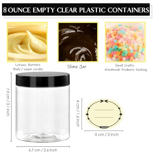 8-Oz Empty Clear Plastic Slime containers with Lids and Labels, Refillable Round Low Profile Containers For Cosmetics, Lotions, Butters, Body sugar scrubs & Beauty Products (12 Pack)