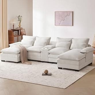 Comfy Sectional Sofas for Living Room, 123" White Modular Couch with Storage Cupholders USB Ports, Modern Chenille 4 Seat U Shaped Couch Set with Chaise for Apartment Home Theater