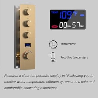 Tempreature Display Shower System Brushed Gold Shower Faucet Set with Wall Mount 8 inch Shower Head and 6 PCS Body Jet, Handheld Spray