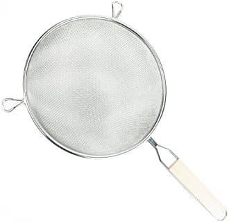 Huji Stainless Steel Fine 8" Double Mesh Food Strainer Colander Sieve Sifter with Wooden Handle for Kitchen Rice Pasta Noodles (2 Pack)