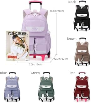 LANSHIYA Solid Color Girls Rolling Backpack with Wheels Schoolbag Elementary School Student Trolley Daypack