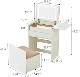 3 in 1 Vanity Desk, Compact Makeup Desk Flip-up Lighted Mirror Narrow Vanity Power Outlet Nightstand with Drawers for Small Space Bedroom, White