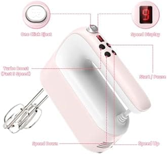 CBQ Hand Mixer Electric, 9 Speed 400W Handheld Mixer with Digital, Touch Button, Turbo, Storage Case, 5x Stainless Steel Accessories, Mixer Electric Handheld for Cake, Cookie, Egg (Pale Pink)