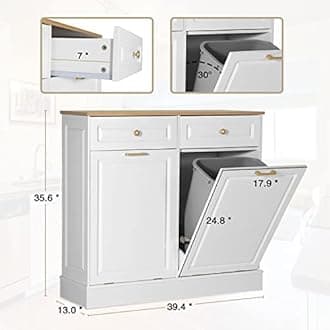 Anbuy Double Kitchen Trash Cabinets Dual Tilt Out Trash Cabinet with Two Wood Hideaway Trash Holder Drawers, Free Standing Recycling Cabinet Trash Can Holder (Dual White)