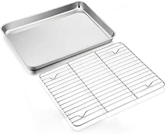 Stainless Steel Baking Sheet with Rack Set, E-far 12.4”x9.7” Cookie Sheet Broiling Pan for Oven, Rimmed Metal Tray with Wire Rack for Cooking/Baking/Cooling/Bacon, Non-Toxic & Dishwasher Safe
