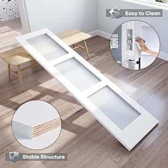 Double 21×84 Inch Glass Barn Door Slab and 7ft Hardware Kit Included, 3 Frosted Glass, LVL Wood Panel Covered with White Water-Proof Scratch-Proof PVC Surface, Simple DIY Assembly