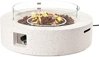 SUNBURY Outdoor 42 Inch Propane Fire Pit Table, Patio Gas Fire Table 50,000 BTU Fire Pit for Outside in Spotted White w Glass Wind Guard, Lava Rocks