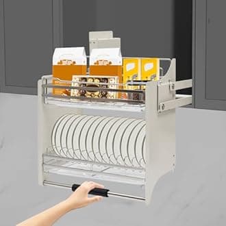 EcoTypee Pull Down Cabinet Organizer, Pull-Out Cabinet Organizer, 2 Tiers Spice and Dishes Pull Out Cabinet Storage Shelf