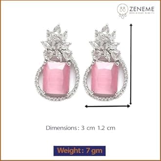 ZENEME Oxidised Silver-Plated American Diamond studded Paisley Shaped Studs Earrings (Pink), Medium, Brass, American Diamond