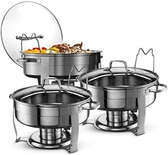 Chafing Dish for Buffet Set, by Kook, Chafing Buffet, Buffet Warmer Tray, Round, Stainless Steel with Glass Viewing Lid and Built-in Lid Holder, for Parties, Dinners and Catering, 4.5 Qt, Set of 3