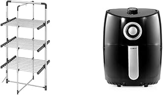 BLACK+DECKER63099 3-Tier Heated Clothes Airer Aluminium, Cool Grey, 140cm x 73cm x 68cm & Tower T17023 Vortx Manual Air Fryer Oven with Rapid Air Circulation and 30 Min Timer, 2.2 Litre, Black