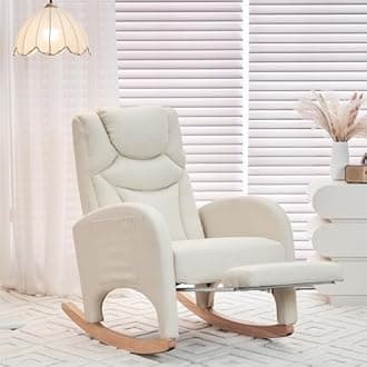 Rocking Chair Nursery with Foot Rest,Upholstered Teddy Glider Rocker with Wood Legs, Nursing Rocking Chair for Living Room/Nursery,Beige