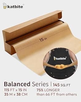 Katbite Parchment Paper Roll 15in x 115ft, Unbleached Pachment Baking Paper Roll 145 Sq.Ft, Non-Stick and Extra Longer Parchment Paper with Portable Serrated Cutter for Baking,Cooking,Space-saving