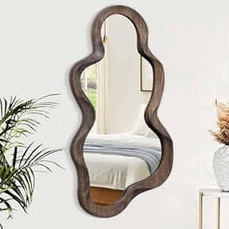Asymmetrical Mirrors for Wall Unique Cloud Wood Frame Irregular Mirror Modern Living Room Bedroom Vanity Entryway Hallway Decorative Artistic Wall Mirror Brown