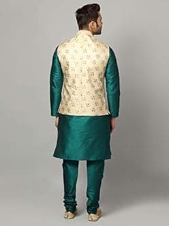 Ethluxis® Men's Silk Blend Kurta Churidar Pyjama with Ethnic Bundi Jacket Set