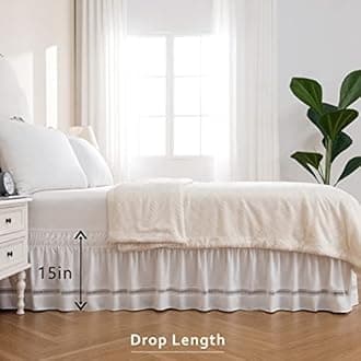 MIYE Wrap Around Ruffled Lace Bed Skirt, Elastic Dust Ruffle with Adjustable Belts,15 Inch Drop Easy to Put On, Bed Frame Cover, Machine Washable (Ruffled Lace, King/Queen-15)
