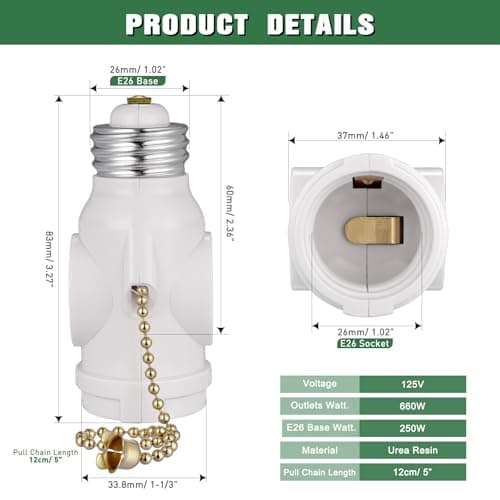 2 Outlet Light Socket Adapter, E26 Bulb Socket to Outlet Splitter, Converts Medium Screw Socket into a Socket with Two Outlets, Polarized Outlet, with Pull Chain Switch. UL Listed, White (2-Pack)