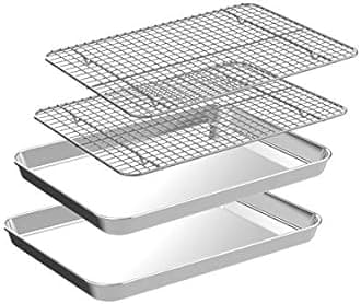 Small Baking Sheet with Rack Set [2 Cookie Sheets + 2 Baking Racks], CEKEE Stainless Steel Small Baking Pan and Grill Rack - Rust & Warp Resistant & Nonstick, Size 9.33 x 6.96 x 1 Inch
