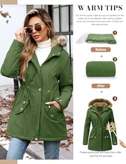 FemiChic Women Winter Coat UK Fleece-Lined Jackets Ladies Long Winterproof Parka Warm Padded Coats Thermal Thickened Hooded Outwear Detachable Hood Overcoat