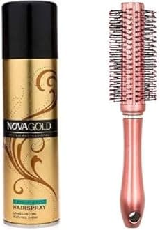 Nova Gold Hair Styling Set with Long-Lasting Hairspray 200ml and Rose Gold Round Brush with Soft Bristles