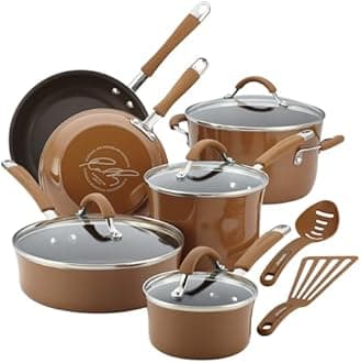 Rachael Ray Cucina Hard Porcelain Enamel Non-stick Cookware Set, 12 Piece (Mushroom Brown)