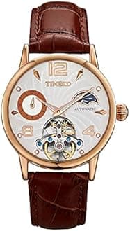 TIME100 Automatic Mechanical Watch for Men Sun Phase Skeleton Leather Strap