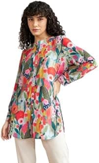 Leriya Fashion Rayon Vibrant Floral Printed Long Cuff Sleeves Button Closure Mandarin Collar Fancy Shirt Style Tops for Women Suitable for Office Party for Girls