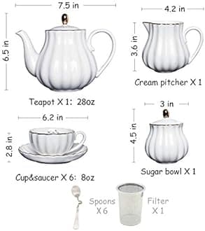 Porcelain Tea Sets British Royal Series, 8 OZ Cups& Saucer Service for 6, with Teapot Sugar Bowl Cream Pitcher Teaspoons and tea strainer for Tea/Coffee, Pukka Home (Pure White)
