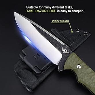 KOMWERO Fixed Blade Knife with Kydex Sheath, 4.52" Blade D2 Steel, Full Tang Knife with Green G10 Handle, Outdoor Hunting Camping Knives for Survival Hiking Bushcraft Fishing
