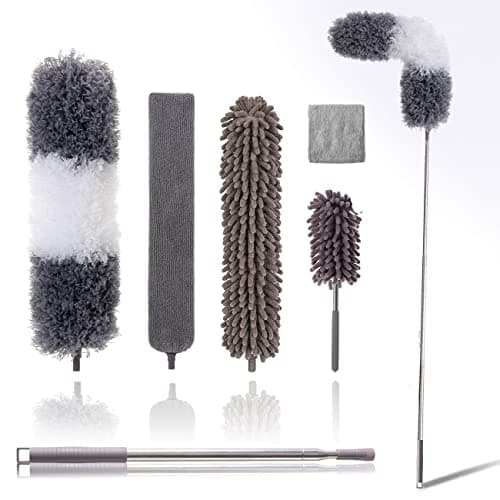 Feather Dusters Kit for Cleaning (6pcs), Extendable Dusters for High Ceiling with 100" Telescopic Pole, Long Handle Microfiber Feather Duster for Ceiling Fan/Car/Cobweb by OOSOFITT Grey