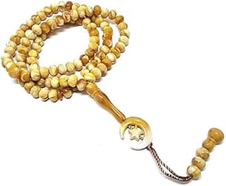 Islam Prayer Tasbih 99 Beads AMN-303 Muslim 8 mm. Rosary Bead Moon Star Decorated Tassels Haj Eid Ramadan Gift (Yellow_2)
