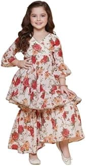Naixa Girl's Rayon Floral Pattern Kurta Sharara Set with 3/4 Sleeve V- Neck Knee Length and Elastic Closure Type| Kurta Sharara Set for Girl's