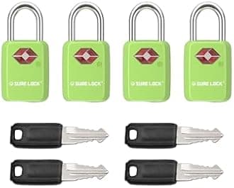 SURE LOCK TSA Approved Luggage Locks - One Key Opens All, Compact & Durable Zinc Alloy Travel Lock with Steel Shackle, Keyed Alike (Green 4 Locks, Mini Size for Suitcase/Backpack/Gym Locker)