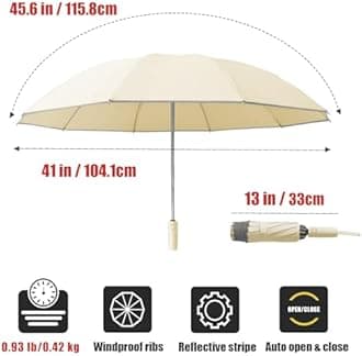 Fogkey Large Windproof Travel Umbrella, Portable Reverse Folding Car Umbrella, Compact Inverted Design with Waterproof Canopy, Automatic, 10 Durable Ribs, 45.6/13 Inch, Fits Backpack