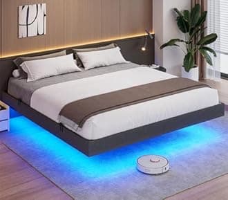 ADORNEVE Floating Bed Frame King Size, LED Bed Frame Linen Upholstered Platform King Bed with Underbed Storage Space, Heavy Steel Slats Support, No Box Spring Needed, Noise Free，Dark Grey