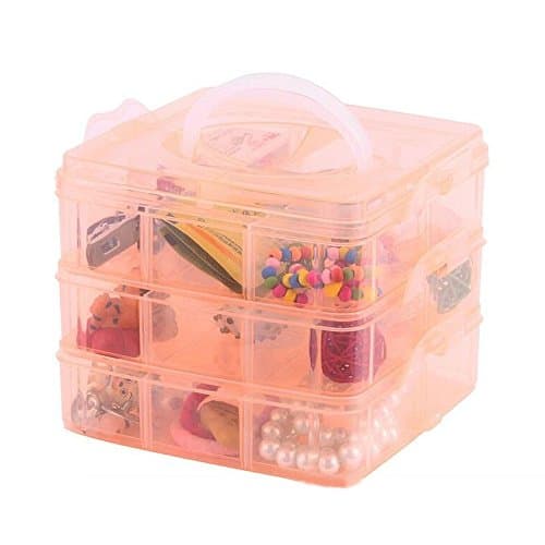 DJUNXYAN 3-Tier 18 Sections Transparent Stackable Adjustable Compartment Slot Plastic Craft Storage Box Organizer For Toy Desktop Jewelry Accessory Drawer Or Kitchen 4 Colors 3 Sizes (Medium Orange)