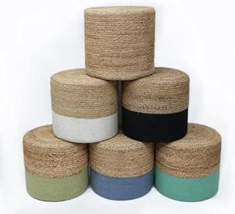 THE HOME TALK Ottoman Pouf | Hand-Braided |100% Jute | Large Funiture Pouf | Footrest, Bean Bag, Floor Chair | Great for The Living Room, Bedroom & Kid?s Room | 18 x 18x 16 Inch | Natural Turquoise