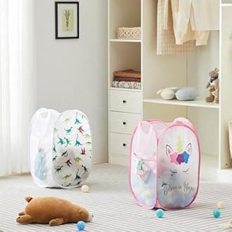 TECHMILLY Collapsible Mesh Pop Up Laundry Hamper with Sturdy Handles and Side Pocket - Portable Foldable Clothes Baskets for Dorm, Bathroom & Travel Storage (Unicorn, 3 Packs)