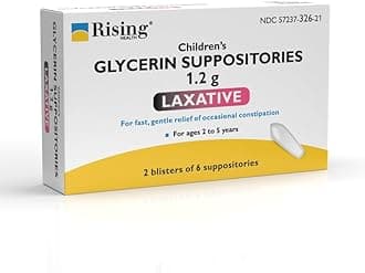 Rising Health - Fast Relief Medicated Laxative Suppositories for Kids - Rectal Use Only, Children's Glycerin 1.2 g - Gentle & Quick Constipation Relief (12 Count, 12, Count)
