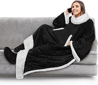 PAVILIA Sherpa Blanket with Sleeves and Foot Pocket Women Men Adults, Fleece Wearable Blanket Sleeved Throw Wrap, Thick Hug Sleep Pod Snuggle Blanket Robe, Cozy Ideas Wife Mom, Black