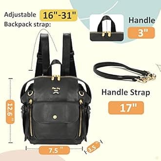 miss fong Mini Diaper Bag Small Diaper Bag Leather Diaper Bag Backpack with 12 Diaper Bags Organizer, Insulated Pocket, 2 Insulated Pockets (Black)