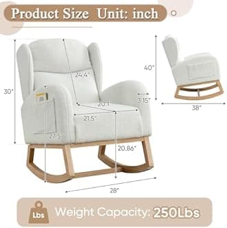 Rocking Glider Chair for Nursery, Wingback Teddy Accent Rocker Chair Upholstered Tall Back Arm Chair w/Side Pockets, Modern Leisure Single Sofa for Living Room, Hotel, Bedroom, Baby Room, Ivory
