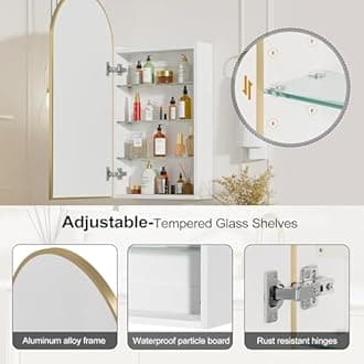 – Mepplzian Arch Bathroom Mirror Cabinet with Storage,Metal Framed Bathroom Cabinets with Mirror,Brushed Gold Mirrored Cabinets,Arched Mirror Cabinet Wall Mounted,40 x 80 cm